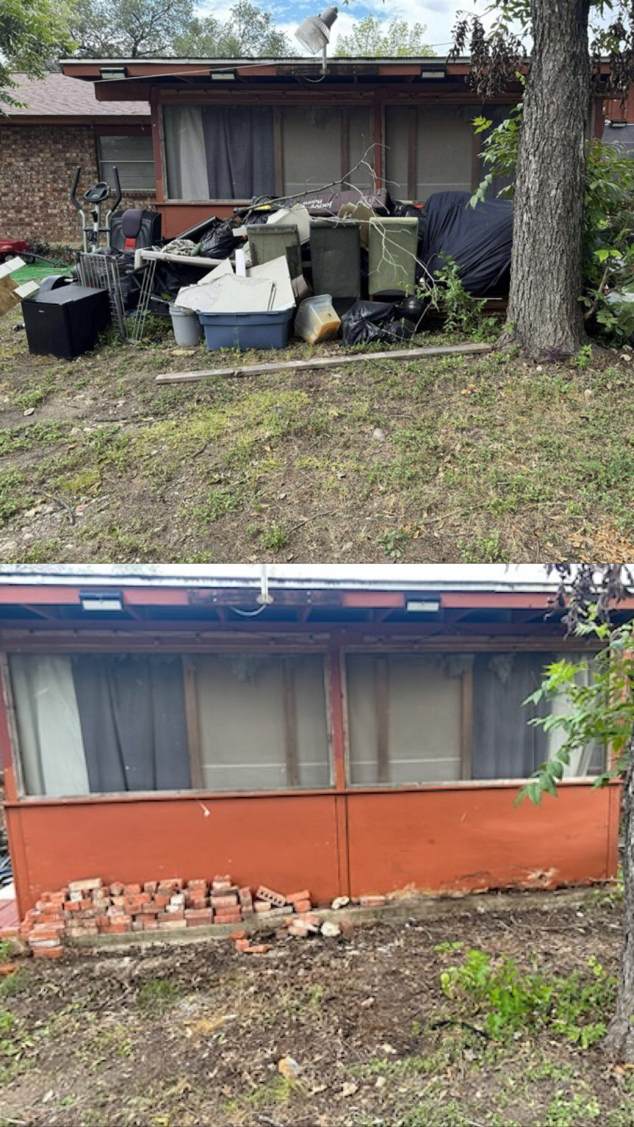 Two side-by-side photos of a brick house's porch area; the upper photo shows the porch cluttered with various items and debris, while the lower photo shows the same area cleared and a small pile of bricks stacked neatly along the porch.