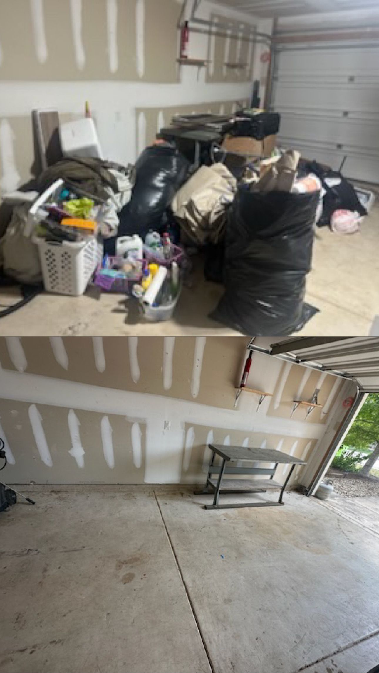 Side-by-side comparison of a cluttered garage filled with bags and boxes, and the same garage clean and empty with a table against the wall.
