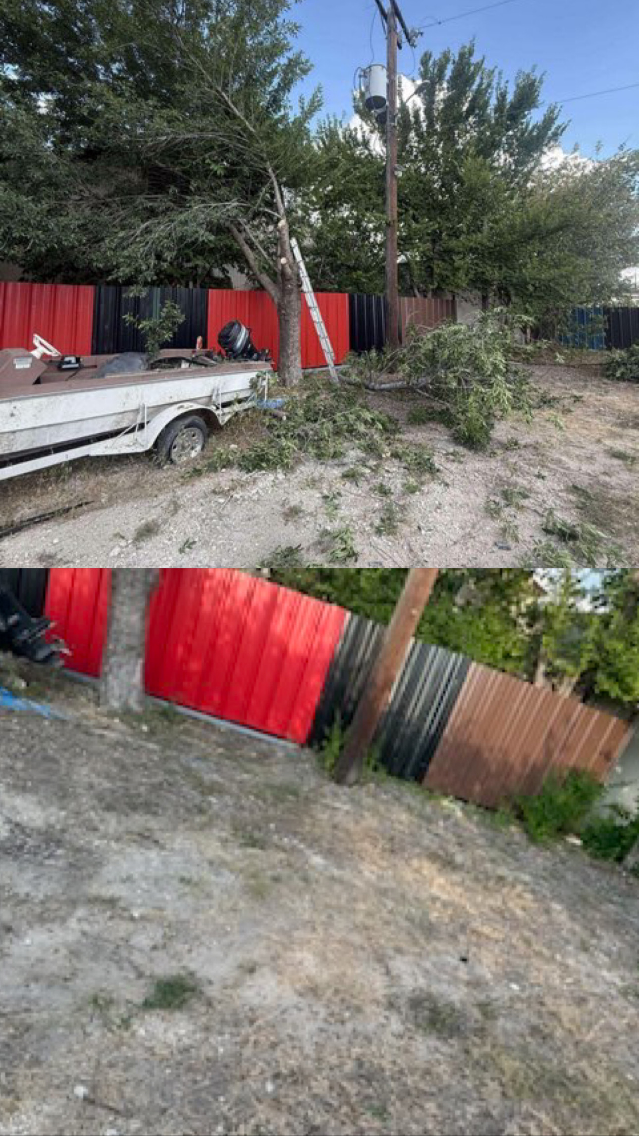 Yard with dry grass, a white flat-bottom boat on a trailer, a ladder leaning against a tree, and a colorful red, black, and brown metal fence.