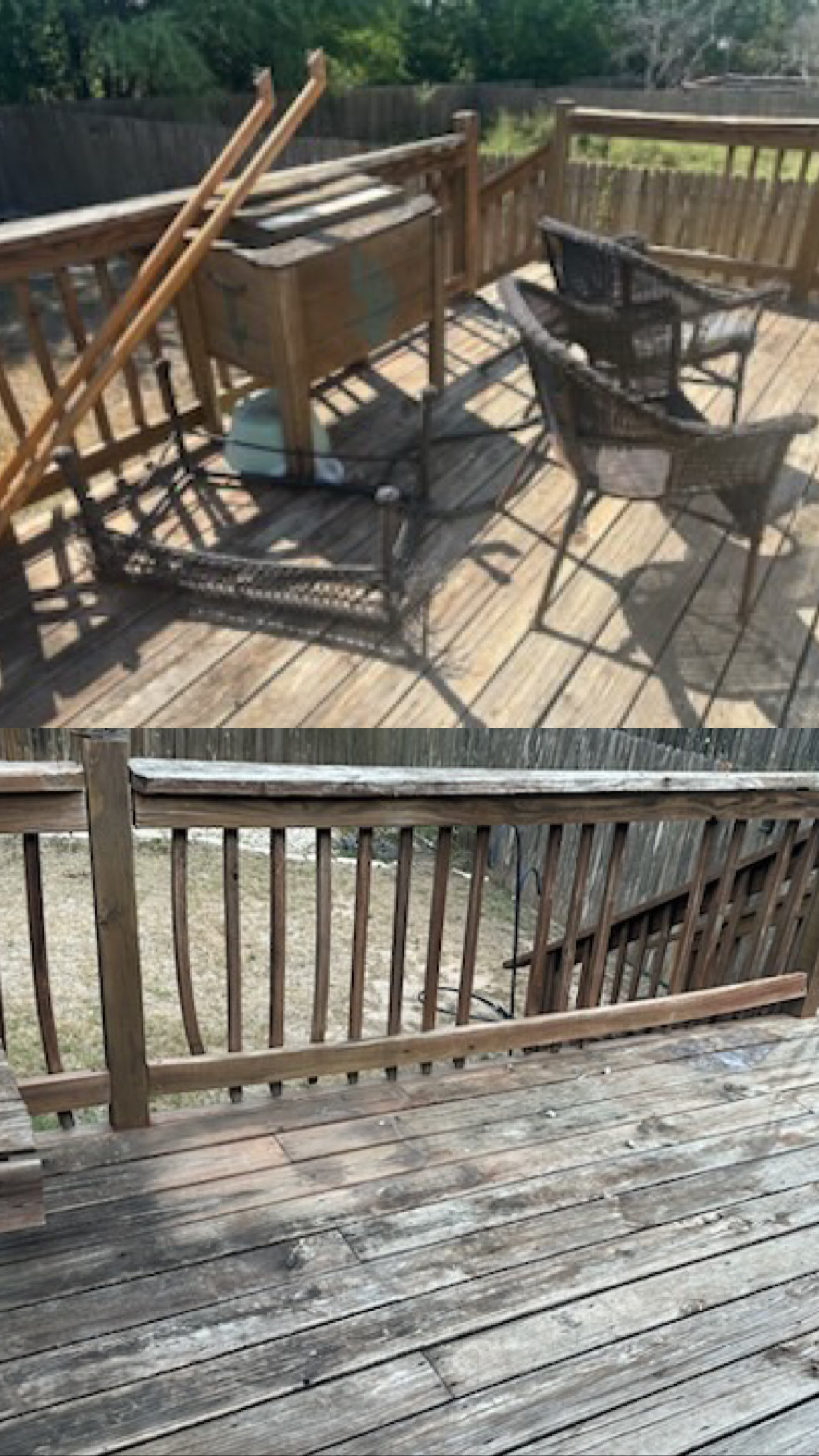 Wooden deck with wicker chairs, a wooden chest, and outdoor gardening tools leaning against the railing.