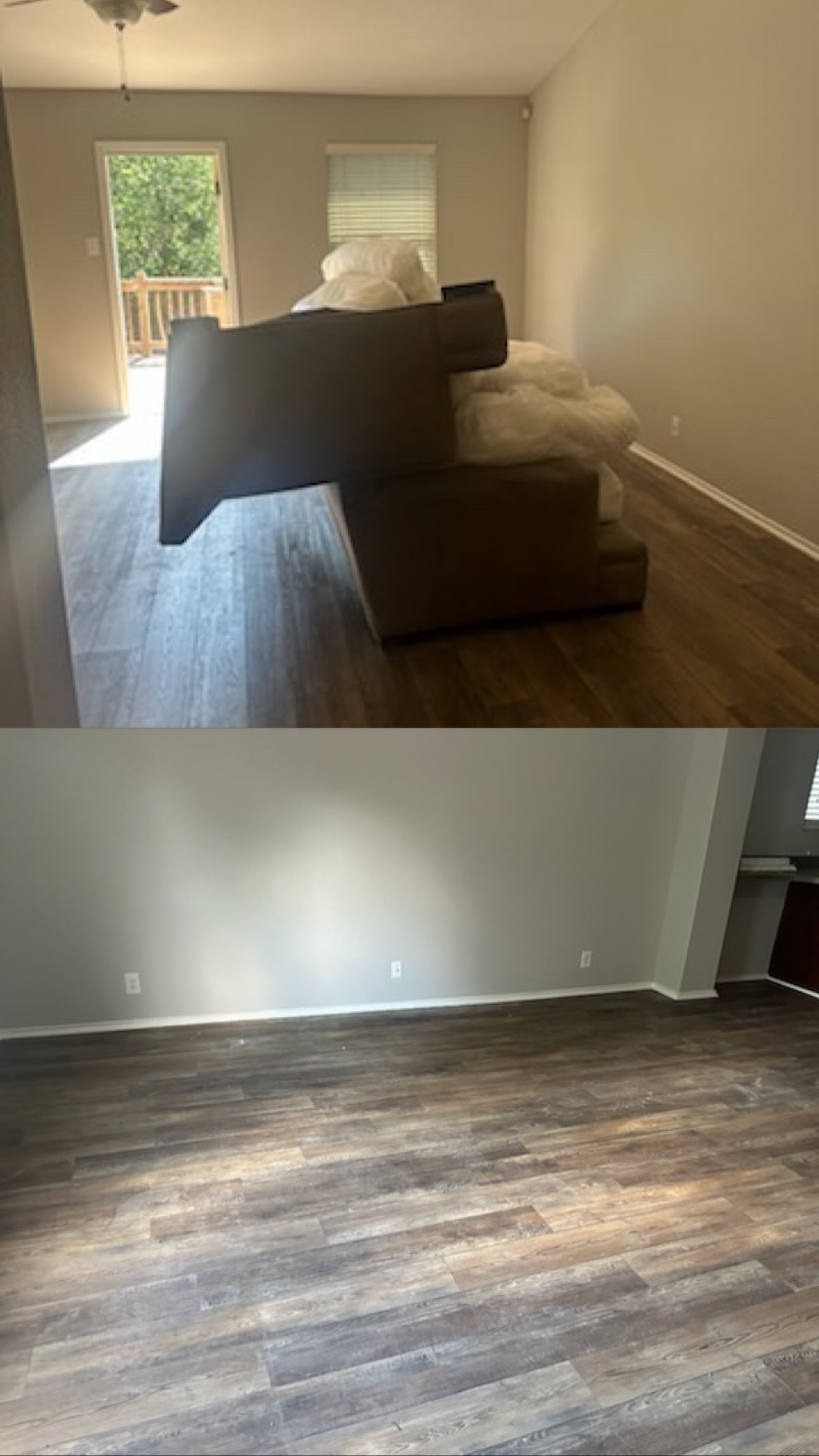 Living room with wood flooring and light gray walls, showing a sofa with white cushions pushed together near a window and door.