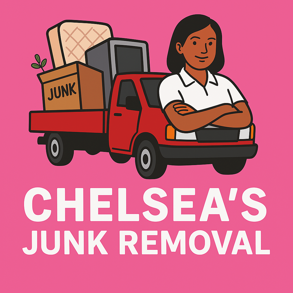 Illustration of a confident woman standing in front of a red truck loaded with a box labeled 'JUNK' and household items on a pink background with text 'Chelsea's Junk Removal'.